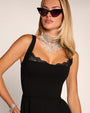 Bust close up of model in Adjustable Length Fit & Flare Midi Dress - Lace Black