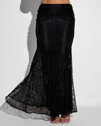Close up of Mermaid Maxi Skirty - Lace Black flared out on model