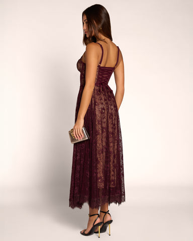 Full body back view of model in Bombshell Midi Dress - Lace Garnet/Tawny