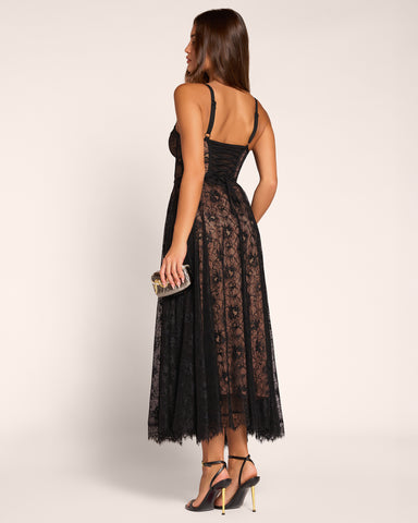 Full body back view of model wearing Bombshell Midi Dress - Lace Black/Tawny