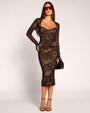 Full body front view of model wearing Seamed Lushy Midi Dress - Lace Black/Tawny paired with a Lace Shrug