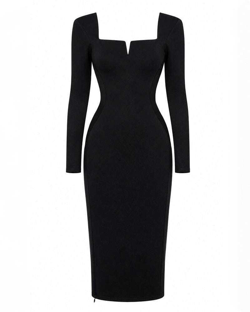 Notchy Long Sleeve Midi Dress - Black