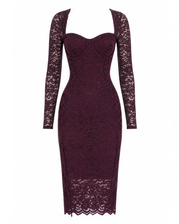 Outline image of Seamed Lushy Long Sleeve Midi Dress - Lace Garnet