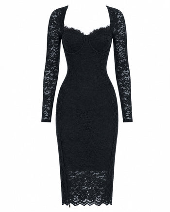 Outline image of Seamed Lushy Long Sleeve Midi Dress - Lace Black
