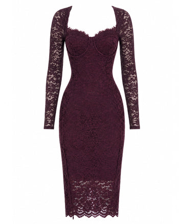 Outline image of Seamed Lushy Long Sleeve Midi Dress - Lace Garnet