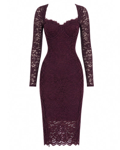 Outline image of Seamed Lushy Long Sleeve Midi Dress - Lace Garnet