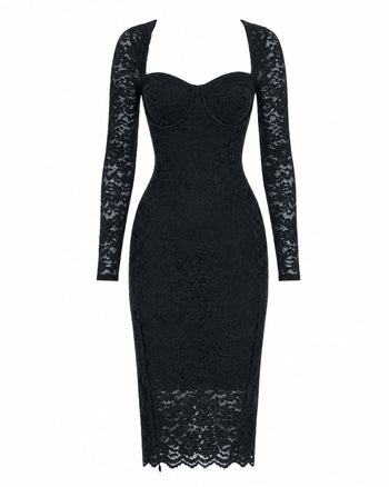 Outline image of Seamed Lushy Long Sleeve Midi Dress - Lace Black