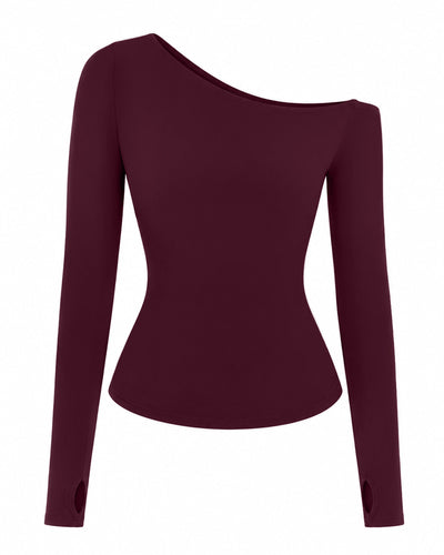 Outline image of Sculpty One Shoulder Long Sleeve Top - Garnet