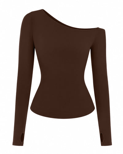 Outline image of Sculpty One Shoulder Long Sleeve Top - Slinky Espresso