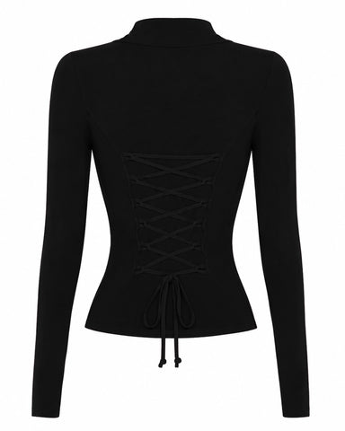 Back outline of Shapey Ruched Long Sleeve Top - Black/Lace