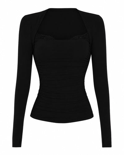 Front outline of Shapey Ruched Long Sleeve Top - Black/Lace