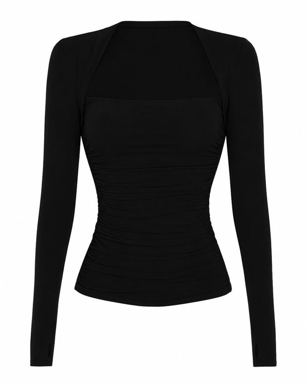 Outline image of Shapey Ruched Long Sleeve Top - Black