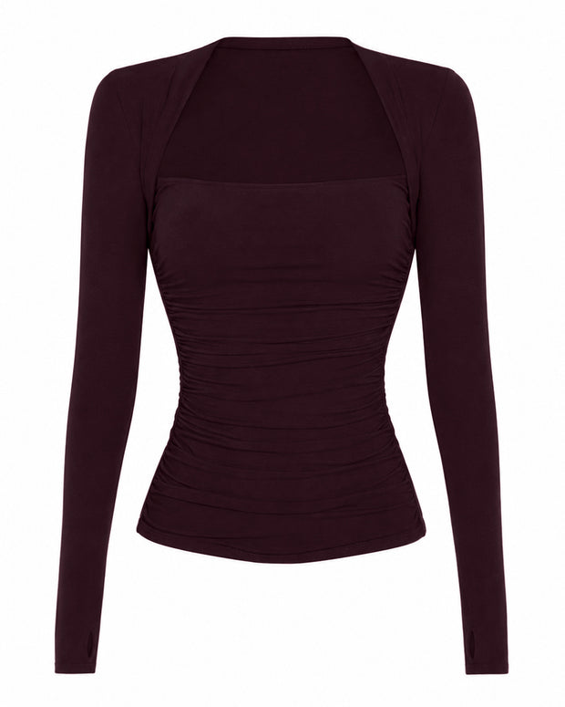 Outline image of Shapey Ruched Long Sleeve Top - Garnet