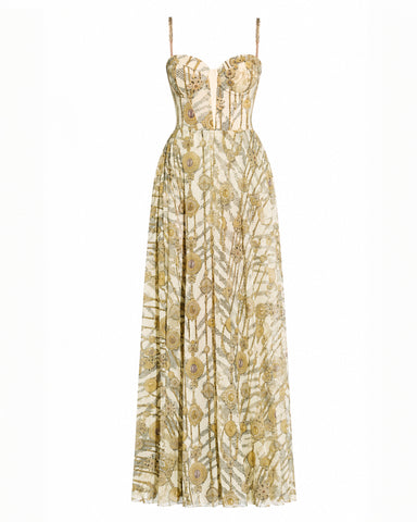 Three quarter back view of Bombshell Maxi Dress - Tiger Chain on model