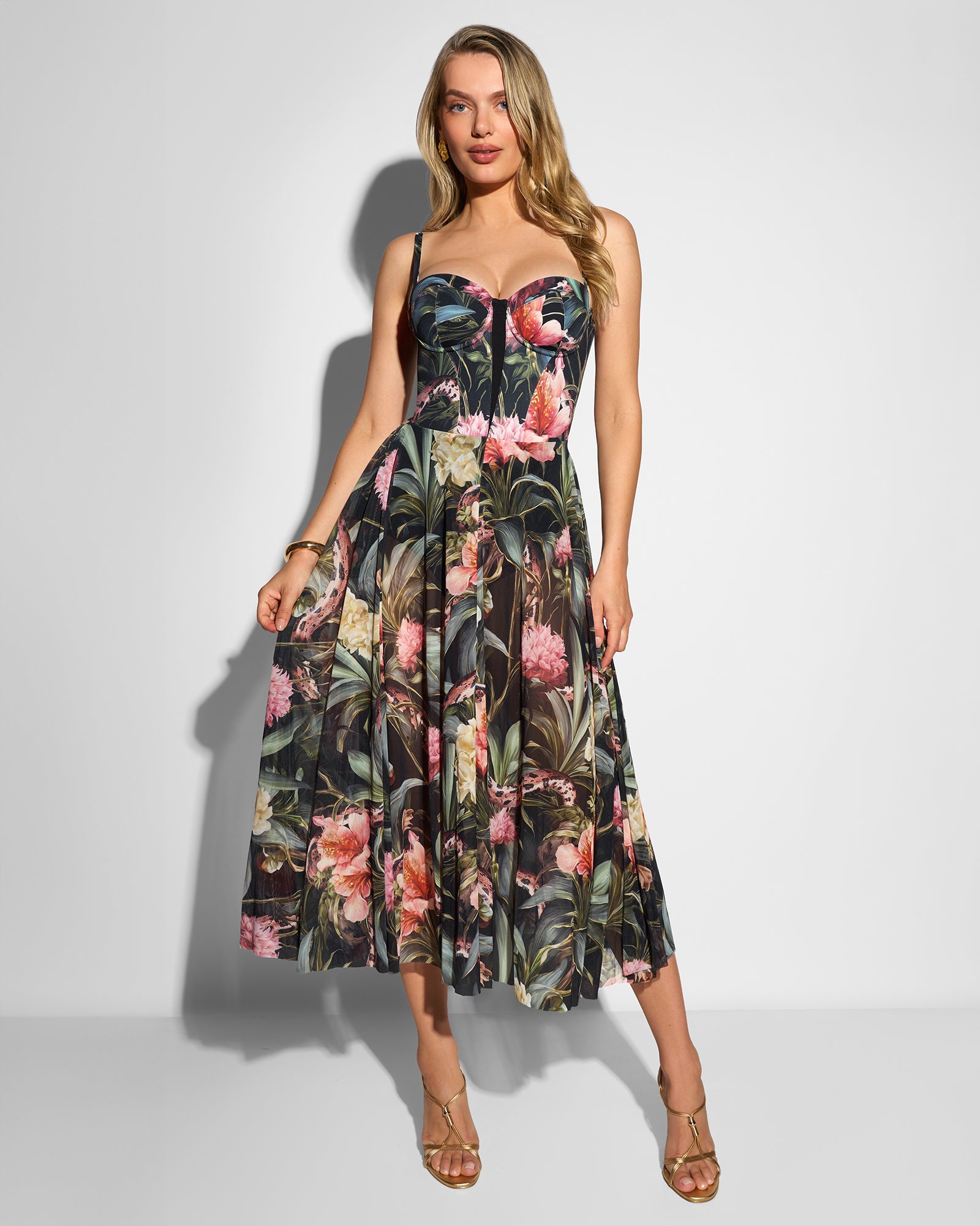 Full body front view of model in Bombshell Midi Dress - Midnight Peony