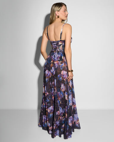 Full body back view of model posing in Bombshell Maxi Dress - Iris Marble