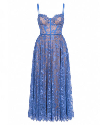 Outline image of Bombshell Midi Dress - Lace Steel Blue/Tawny