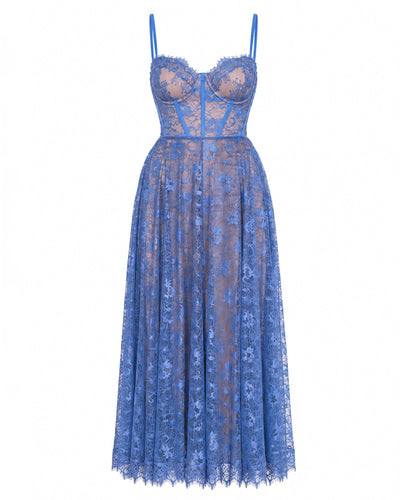 Outline image of Bombshell Midi Dress - Lace Steel Blue/Tawny