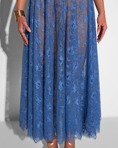 Close up of steel blue lace of Bombshell Midi Dress - Lace Steel Blue/Tawny