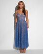 Model standing straight in Bombshell Midi Dress - Lace Steel Blue/Tawny