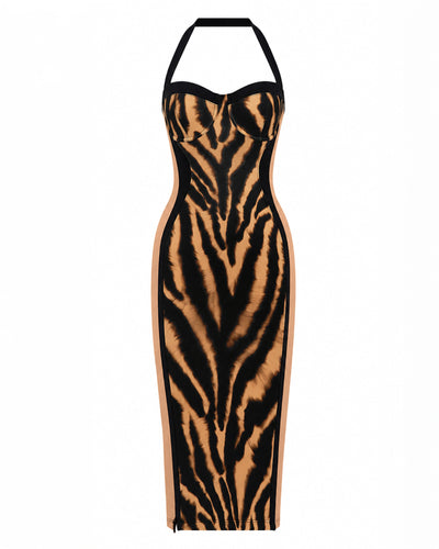 Outline image of Seamed Lushy Halter Dress - Contour Golden Zebra
