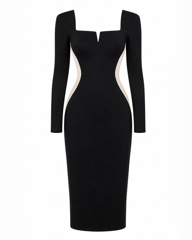 Outline image of Notchy Long Sleeve Midi Dress - Contour Black/Oat
