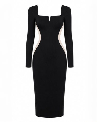 Outline image of Notchy Long Sleeve Midi Dress - Contour Black/Oat