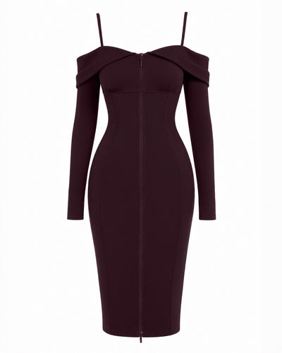 Outline image of Corsety Off Shoulder Long Sleeve Midi Dress - Garnet