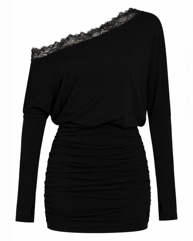 Outline image of Off Shoulder Long Sleeve Mini Dress - Black