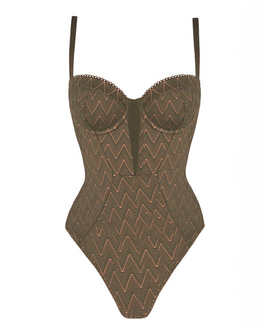 Three quarter back view of model wearing Brazilian Bombshell - Chevron Martini Olive
