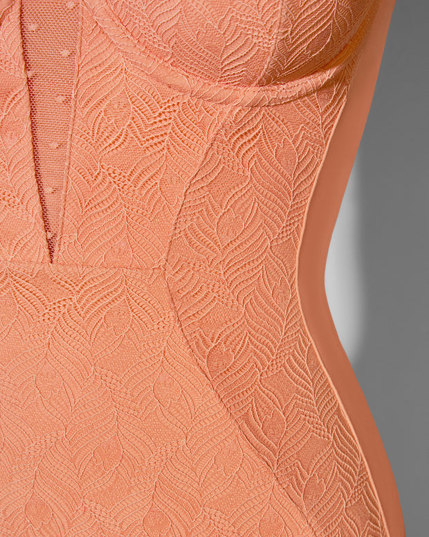 Detail shot of lace and seams on Bombshell - Lace Papaya