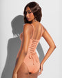 Three quarter back view of Bombshell - Lace Papaya on model