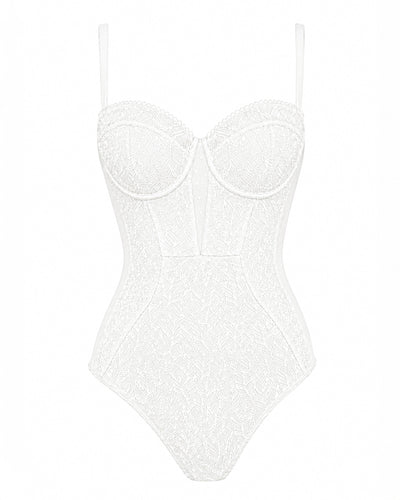 Outline image of Brazilian Bombshell - Lace White tummy control swimsuit