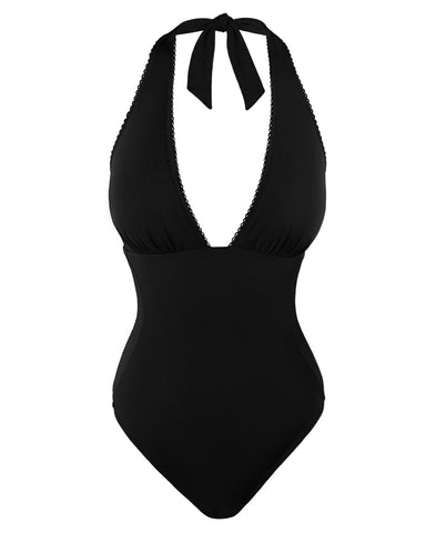 Three quarter back of model wearing Brazilian Halter Plungey - Picot Black