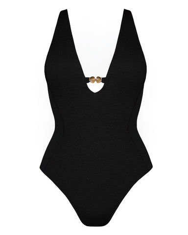 Three quarter back view of model wearing Brazilian Plungey Keyhole - Crinkle Black