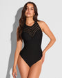 Front view of model wearing Crochet Halter - Black