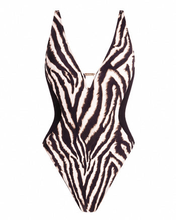Outline image of Hi Cut Plungey Triangle - Contour Ivory Zebra/Black