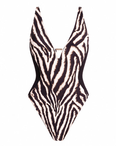 Outline image of Hi Cut Plungey Triangle - Contour Ivory Zebra/Black