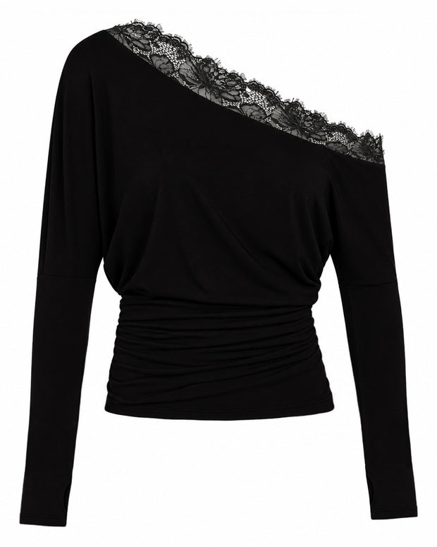 Sashy Wedge Long Sleeve Top - Black/Lace Black
