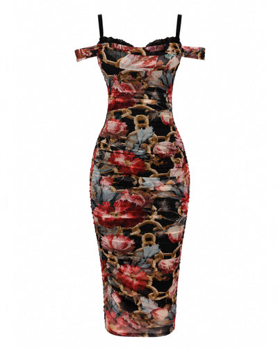 Outline image of Shapey Ruched Column Dress - Peony Chain