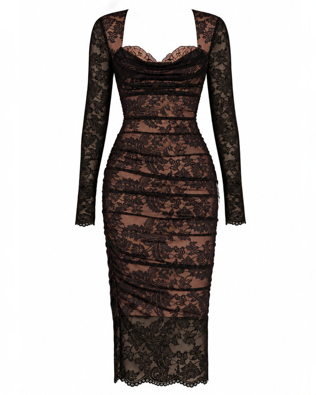 Outline image of Sweetie Long Sleeve Column Dress - Lace Black/Tawny