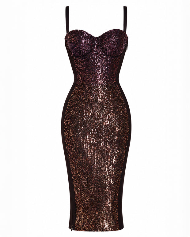 Seamed Lushy Midi Dress - Sequin Ombre Bronze/Plum