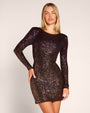 Close up front view of model wearing Long Sleeve Mini Dress - Sequin Ombre Bronze/Plum