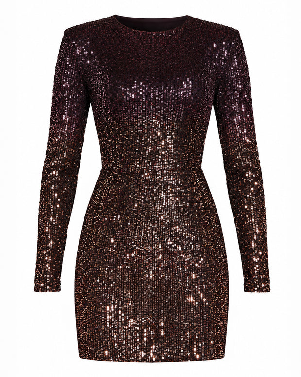 Outline image of Long Sleeve Mini Dress - Sequin Ombre Bronze/Plum