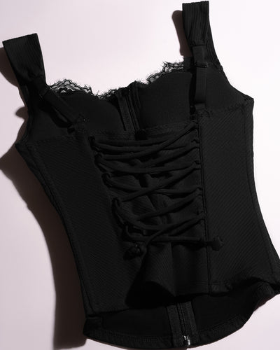 Back close up of Corsety Seamed Tank - Lace Rib Black 