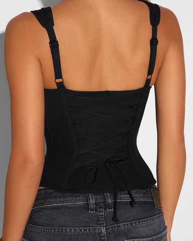 Black view of Corsety Seamed Rib Tank - Lace Rib Black