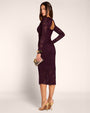 Full body back view of model in Seamed Lushy Long Sleeve Midi Dress - Lace Garnet