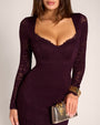 Close up front view of model in Seamed Lushy Long Sleeve Midi Dress - Lace Garnet