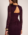 Close up back view of model wearing Seamed Lushy Long Sleeve Midi Dress - Lace Garnet