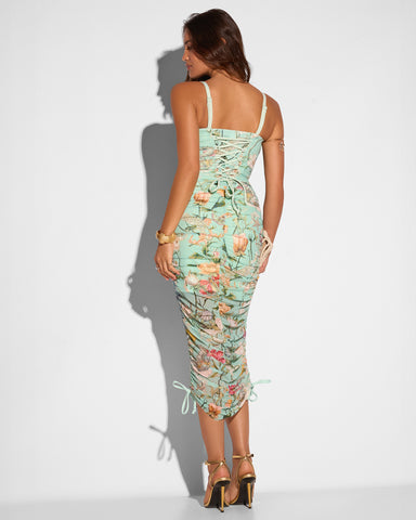 Full body back view of model in Sweetie Mesh Column Dress - Adjustable Aqua Floral